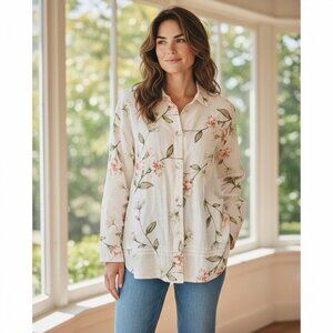 Vintage Hot Cotton Marc Ware Linen Button Up Shirt Large Floral Y2K Made USA